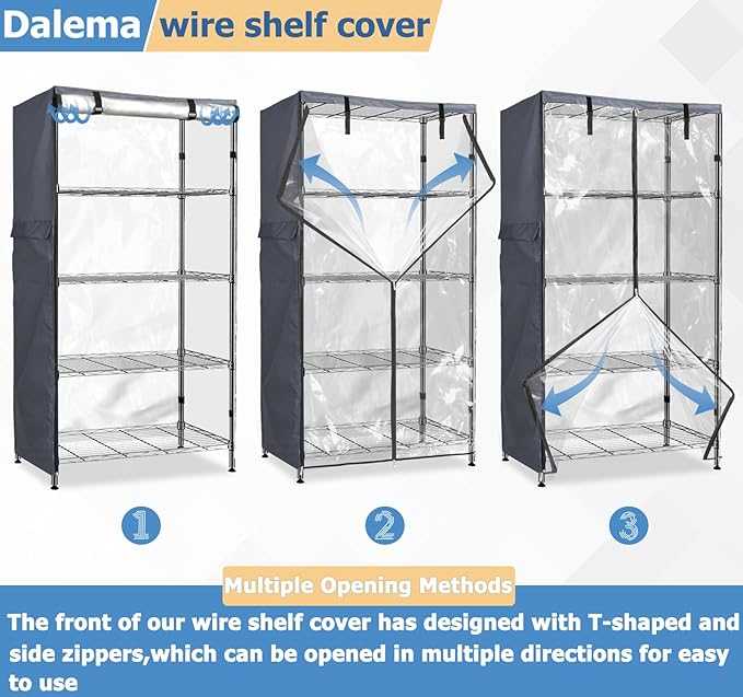 Waterproof Shelf Cover,600D Heavy Duty Dustproof Storage Wire Rack Covers,Outdoor Shelving Covers for Wire Shelves with Zipper 48''x18''x72'',Clear Front. Dalema