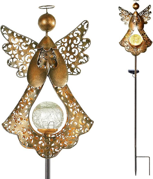 Starryfill Angel Stake Solar Lights with Crackle Glass Globe Waterproof Warm White LED, 40.5 inches Height Metal Bronze Stake Garden Patio Art Decor, Memorial Gift for Mom Women or Friends Starryfill