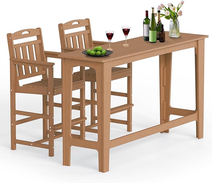 Ciokea 3 Pcs Outdoor Bar Height Table Set, 60" Extra Long Rectangle High Top Table and 2 Oversized Adirondack Chairs Set, Heavy-Duty All-Weather HDPE Patio Bar Set for Backyard Balcony Deck, Teak CIOKEA