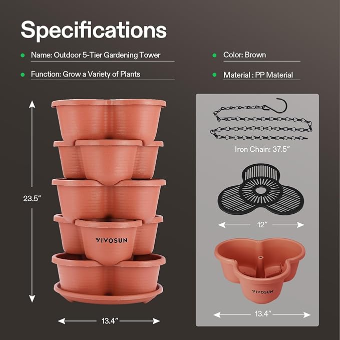 VIVOSUN 5 Tier Vertical Gardening Stackable Planter for Strawberries, Flowers, Herbs, Vegetables, Brown VIVOSUN