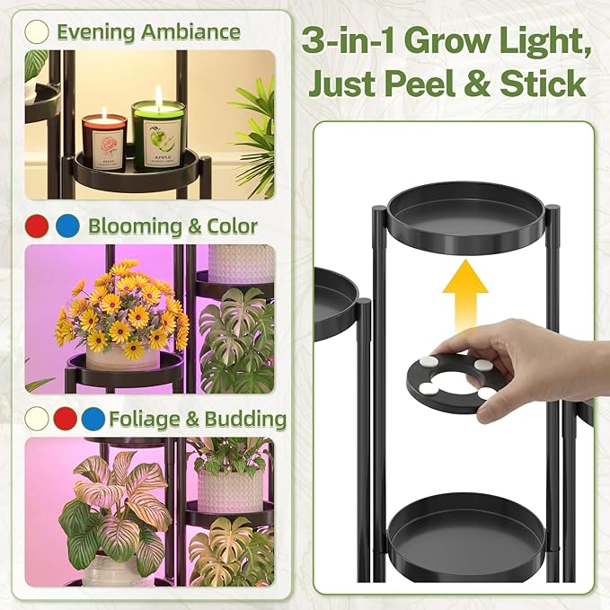 iDavosic.ly Plant Stand Indoor with Grow Light, 6 Tier Corner Metal Flower Display Holder Shelf, Easy Assembly Folding Tall Orchid Rack for Patio Balcony Porch Garden Living Room House, Black iDavosicly