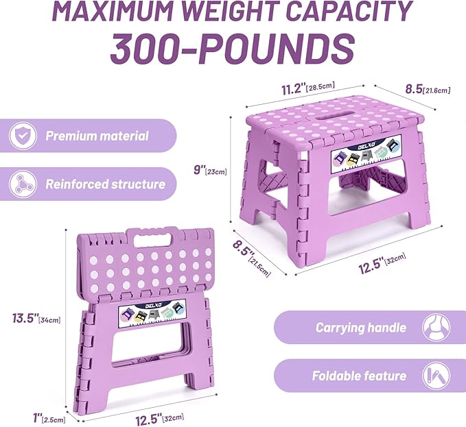 Delxo 9 inch Folding Step Stool, Non-Slip Foldable Small Stools Up to 300 LBS, Kids Step Stool with Handle Lightweight for Kitchen, Bathroom, Bedroom, Garden, Light Purple, 1PC Delxo