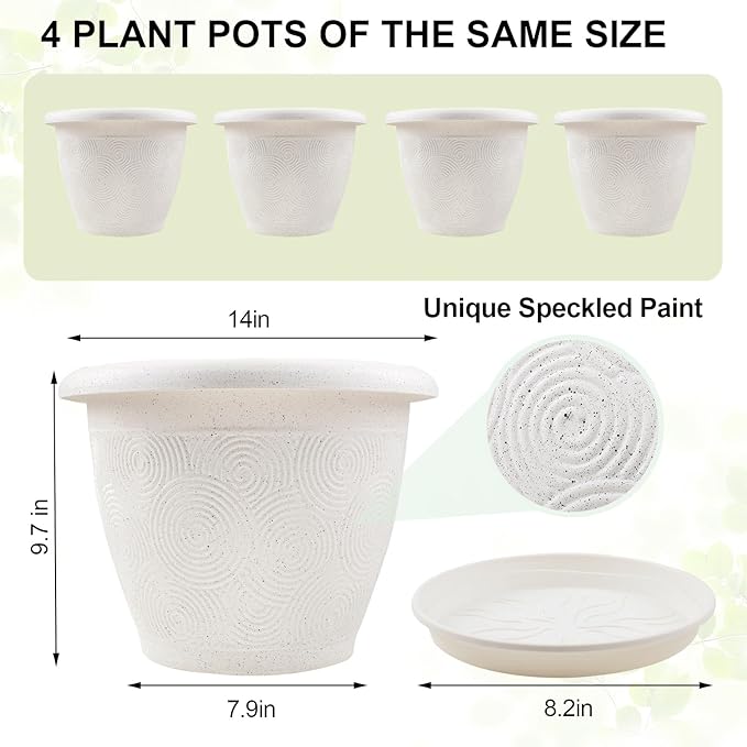 Plastic Flower Pots Planters For Indoor Plants, 4 Pack 14 Inch White Plant Pots With Drainage Hole & Tray, Modern Decorative Large Plant Pot With Saucer For Indoor Outdoor Plants Garden House Planter Fodetyff