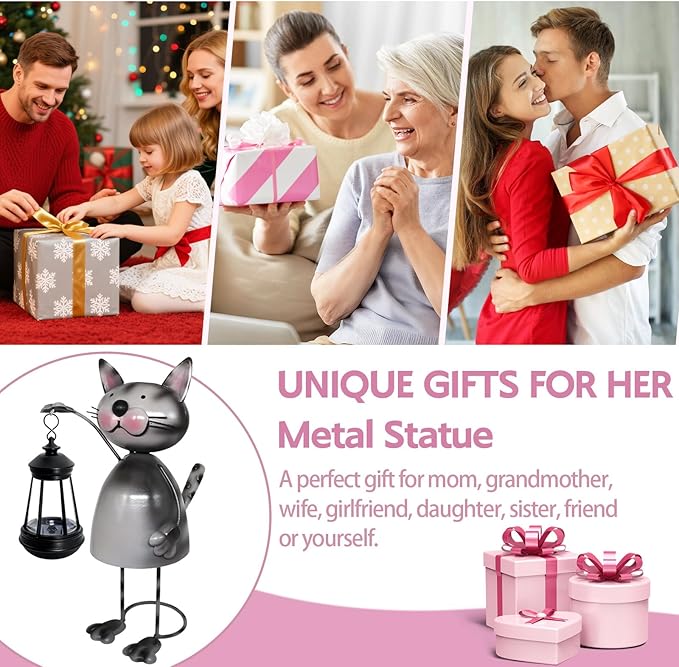 Garden Decor Cat Solar Statues,Unique Garden Statues Cat with Solar Lantern Waterproof, Birthday Gifts for Women Mom Grandma, Front Patio Balcony Yard Art Lawn Ornaments Porch Outdoor Decoration yulloyello