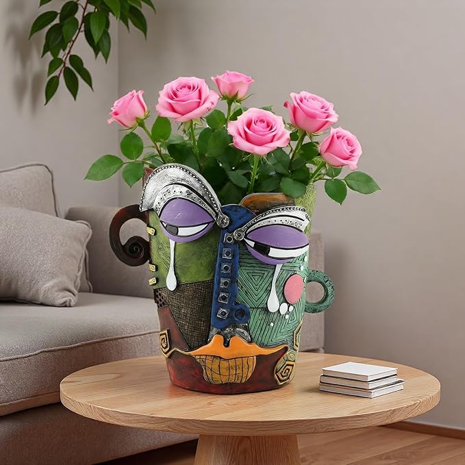 Picasso Abstract Face Flower Pot,Unique Resin Crafted Planter with Drainage Holes,Interesting Colorful Planter with Human face,for Indoor and Outdoor Botanical Home décor (Tears) Rootora
