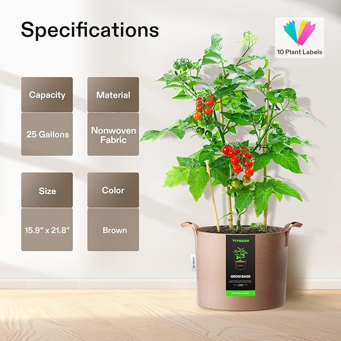 VIVOSUN 5-Pack 25 Gallons Grow Bags Heavy Duty Thickened Nonwoven Fabric Pots with Strap Handles Tan VIVOSUN