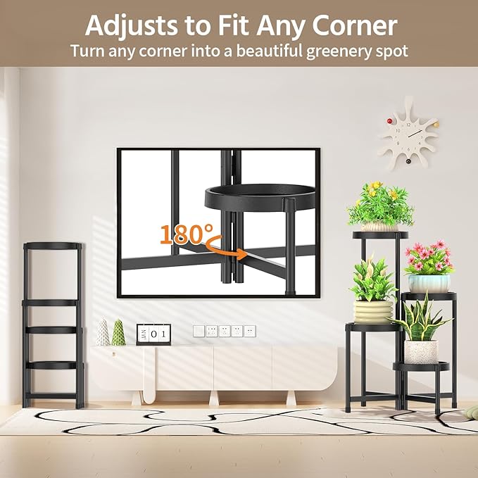 LASZOLA 4 Tiered Folding Plant Stand Indoor for Multiple Large Planter, Tall Heavy Duty Adjustable Rack with Rust Proof Plastic Shelving, Sturdy Vertical Tree Organizer for Narrow Inside Floor, Black LASZOLA