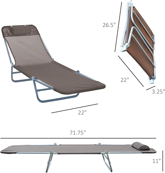Outsunny Folding Chaise Lounge Chair, Pool Sun Tanning Chair, Outdoor Lounge Chair with Reclining Back, Breathable Mesh Seat, Headrest for Beach, Yard, Patio, Brown Outsunny