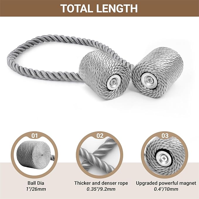 Hion Magnetic Curtain Tiebacks Grey 4 Pack, Curtain Tiebacks Buckles Holdbacks Holders Hooks Clip for Home Bedroom Office Decorative Thick or Thin Curtain Hion