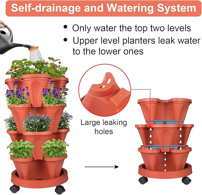 GameXcel Vertical Planter 4 Tier Stackable Planters Garden Planters Strawberry Herb Flower and Vegetable Planter Indoor Outdoor Gardening Pots with Removable Wheels and Tools 2-Pack GameXcel