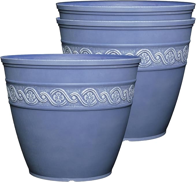 Classic Home and Garden Corinthian Round Resin Flower Planter Pot, Slate Blue 8" (Pack of 3) ClassicHomeandGarden