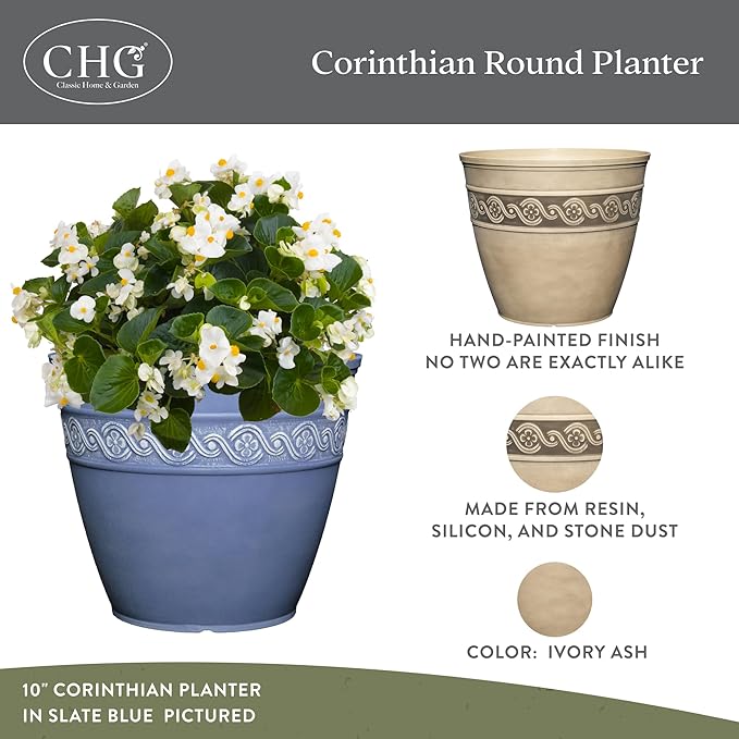 Classic Home and Garden Corinthian Resin Planter Pot - Outdoor & Indoor Plant Pot - Round Planter For Plants & Flowers (10" Ivory Ash, Pack of 1) ClassicHomeandGarden