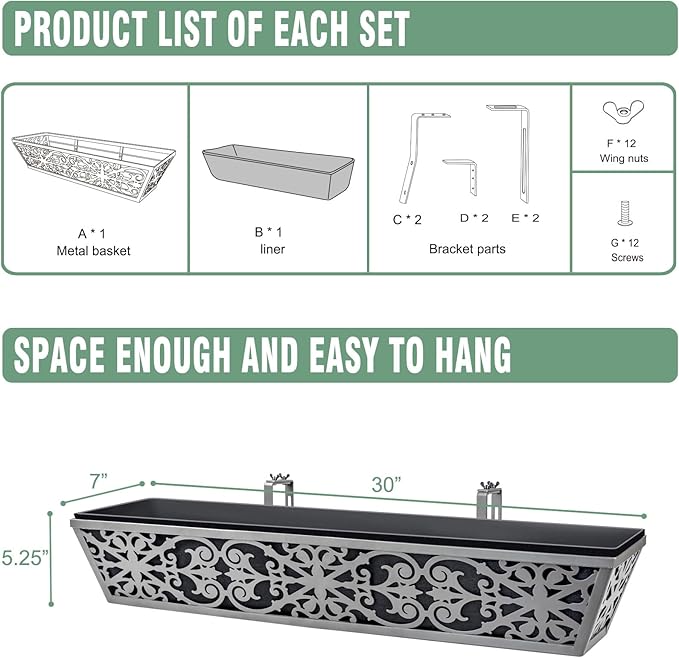 6 Pack 30 Inch Window Boxes Planter for Outdoor Plants Deck Railing Planters Box with Adjustable Brackets for Porch Fence Balcony Hanging Flower Baskets with Non-Woven Fabric Liner for Garden Décor KarlliuHOMEGARDEN