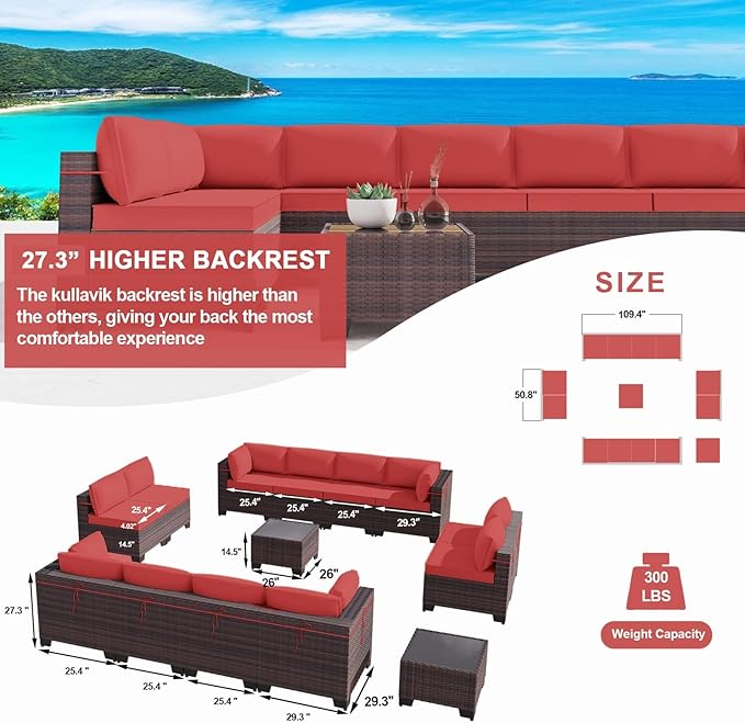 Kullavik 14 Pieces Outdoor Patio Furniture Set PE Wicker Rattan Sectional Sofa Patio Conversation Sets,Red KULLAVIK