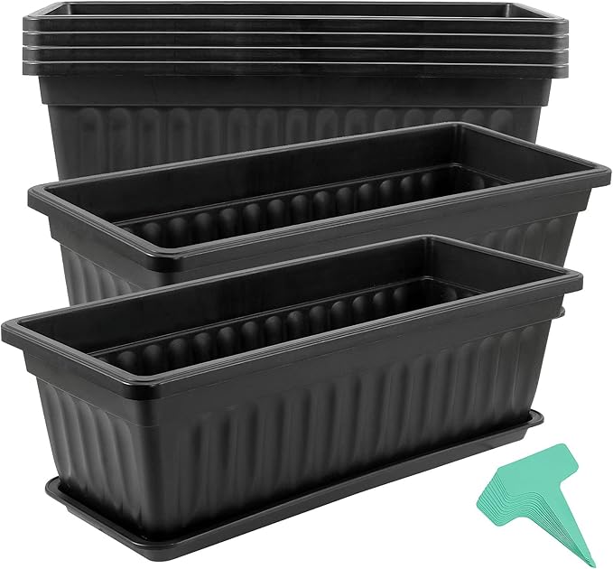 JOIKIT 17 Inches Black Plastic Planter Box, 6 Packs, Good Drainage, Indoor Outdoor Usage, for Garden, Windowsill, Patio, Balcony JOIKIT