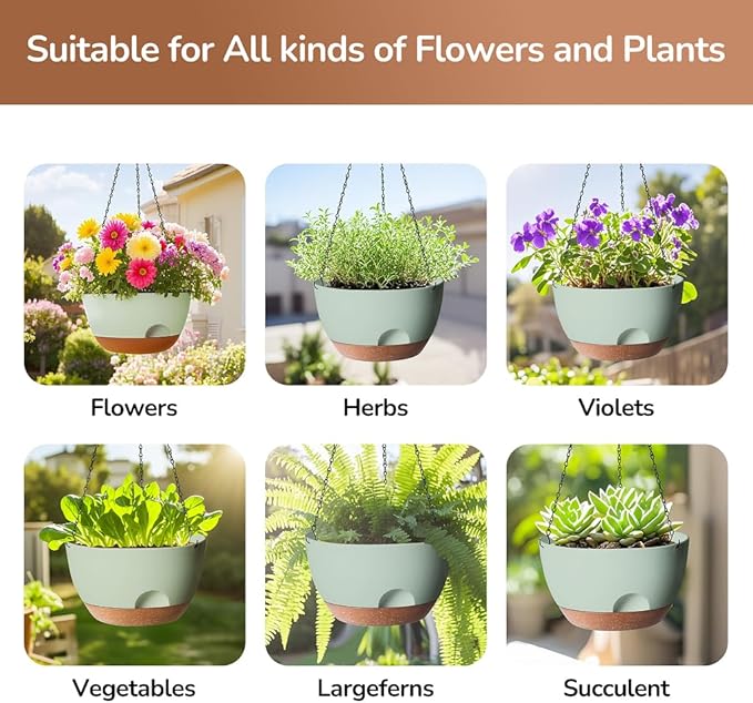 12 Inch Hanging Baskets for Plants Outdoor, Hanging Planters for Indoor Outdoor Plants, Hanging Planter with Self Watering, Hanging Flower Pots (Green) LesOasis