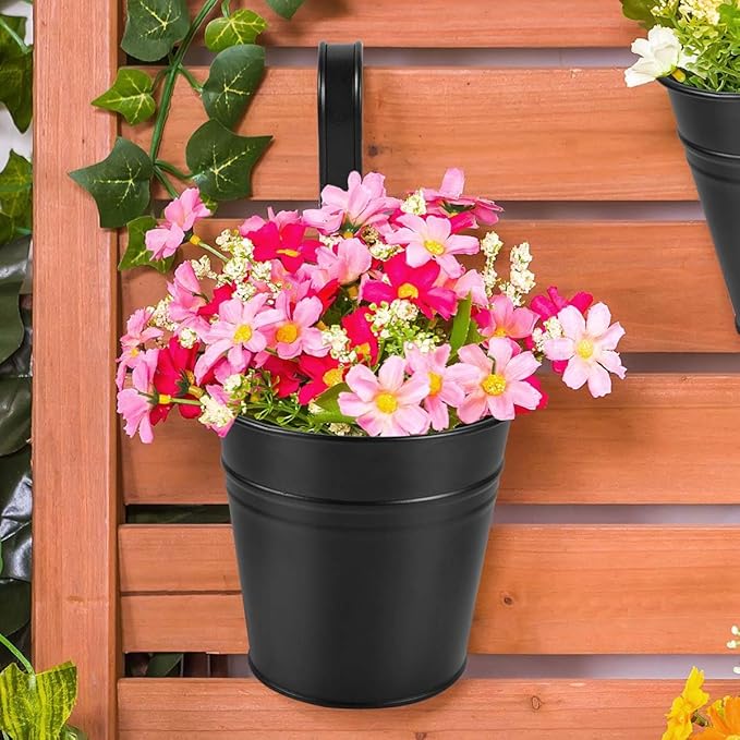 OBTANIM 12 Pack Metal Hanging Flower Pots Railing Planter Outdoor Fence Hanging Bucket Plant Holder with Detachable Hooks Drain Holes for Home Garden Yard Decor (Black, 4 x 4 Inch) OBTANIM