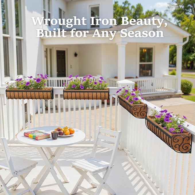 Railing Planter Boxes, 30 Inch Window Boxes Planters, Balcony Planters with Adjustable Brackets & Coco Liner & Support Rod for Outdoor Fence, Deck, Porch, and Patio Gardening, 2 Pack VOXOR