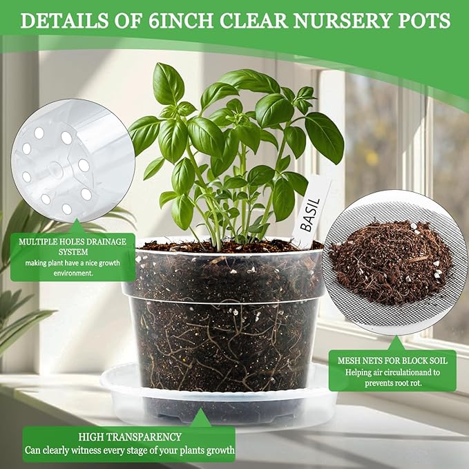 BTPLASTIK 6 Inch Clear Nursery Pots with Humidity Domes 15 Pack, Transparent Plastic Plant Pot with Drainage Holes and Saucers, Seed Starter Pots with 15 Pcs Plant Labels and 15 Pcs Soil Screens BTPLASTIK