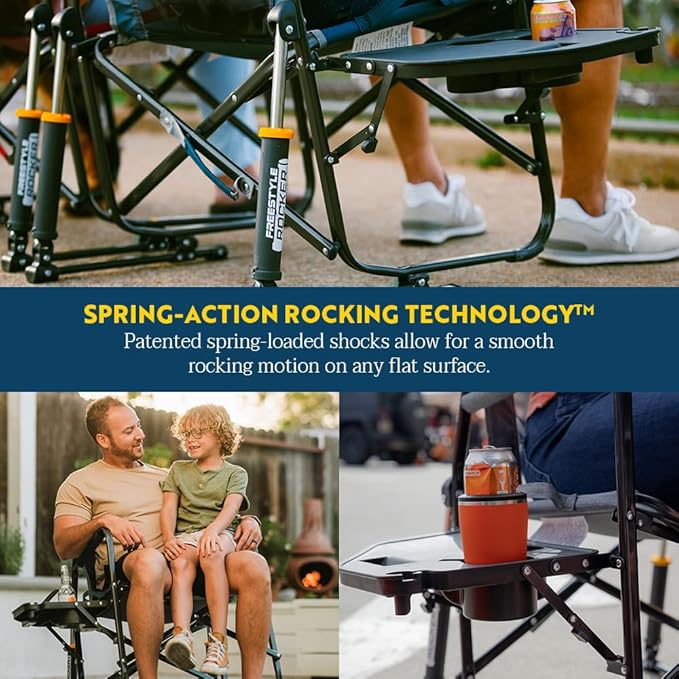 GCI OUTDOOR Freestyle Rocker with Side Table Camping Chair | Portable Folding Rocking Chair with Solid, Durable Armrests, Drink Holder & Comfortable Backrest — Heathered Indigo GCIOUTDOOR