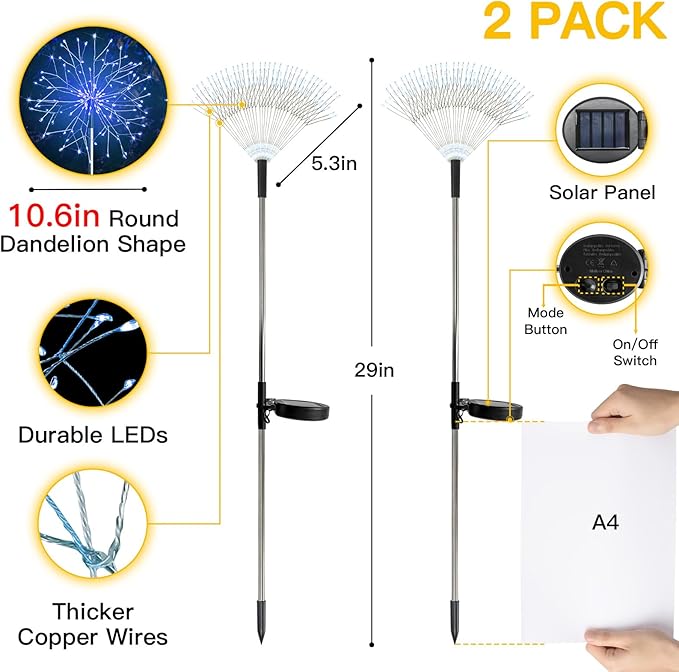 suddus Solar Garden Lights Outdoor Waterproof Decorative, 2Pack 150LED Firework Lights, Solar Fairy Lights for Yard, Garden, Party, Patio, Pathway, Flowerbed - Blue SUDDUS