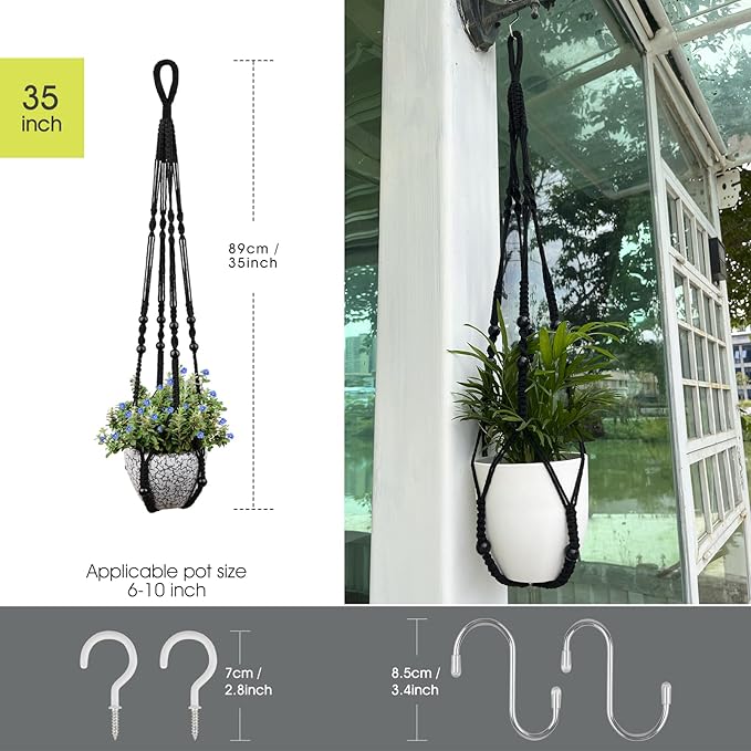 RIFNY Macrame Plant Hanger Indoor, 35 Inch Hanging Plant Holder with Hooks, Large Boho Hanging Basket Plant Hanger for Wall Window Ceiling Plants Decor (Black, 1PC) RIFNY