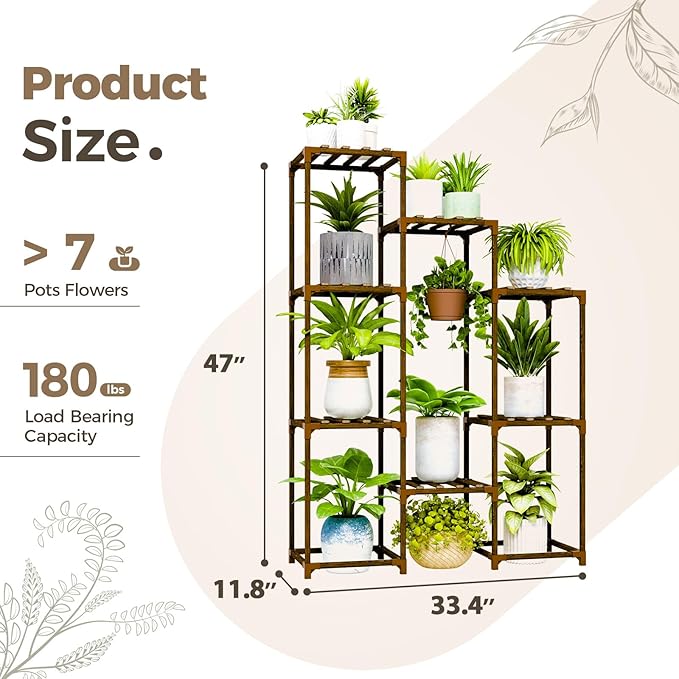 Bamworld Plant Stand Indoor Hanging Plants Shelf 7 Pots Tall Ladder Plant Holder Large Wood Flower Stand for Living Room Rack Multiple Plants for Patio Balcony Garden Bamworld
