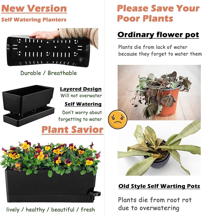 Self Watering Pots for Indoor Plants 17 Inches Window Boxes Planters Rectangular Flower Pots Rectangle Herb Pots Large Plant Pots with Drainage Holes and Saucers Windowsill Planter (4, Black) KvyusFlourish