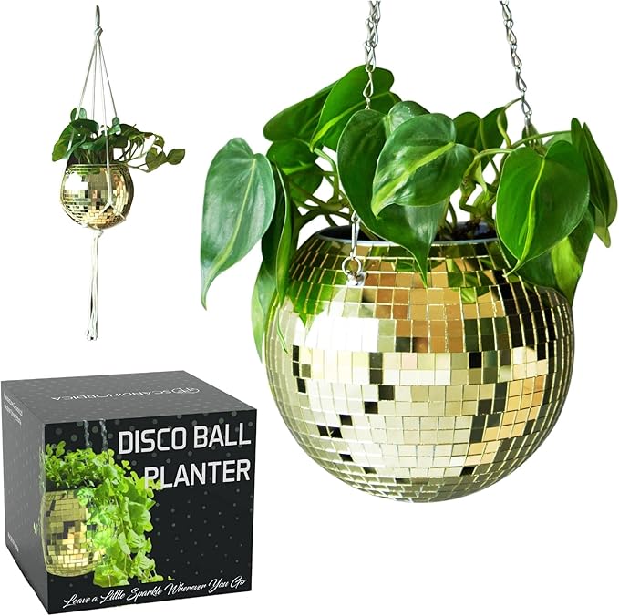 SCANDINORDICA Disco Ball Planter – Disco Ball Plant Hanger, Mirror Disco Planter with Chain, Macrame Hanger, Acrylic Stand and Insert Pot, Hanging Planter | Disco Ball Decor – 20 cm (8“) Gold SCANDINORDICA