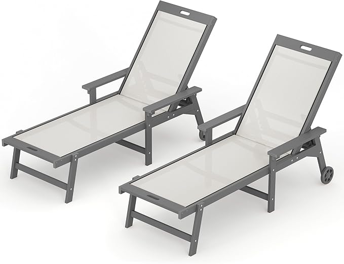 LUE BONA Chaise Lounge Chair Outdoor Set of 4, HDPS and HDPE Wicker Chaise Lounger with 5 Positions, Pool Lounge Chairs with Wheels and Adjustable Backrest for Patio, Poolside, Deck, Backyard LUEBONA