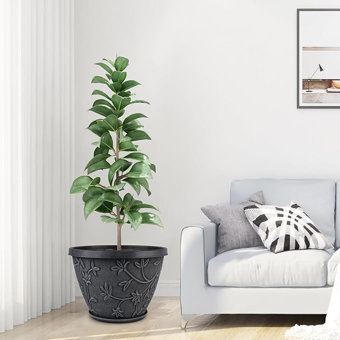 4 Pack 16 Inch Large Plant Pot for Outdoor, Plastic Flower Pot Indoor with Drainage Hole & Saucer, Modern Decorative Garden Pot, Imitation Magnolia Garden Pots for House Planters（Gray） Nooulap