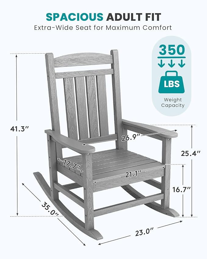 SERWALL HDPE Outdoor Rocking Chair Set of 2, Oversized Patio Rocking Chairs, All-Weather Porch Rockers for Adults, Light Gray SERWALL
