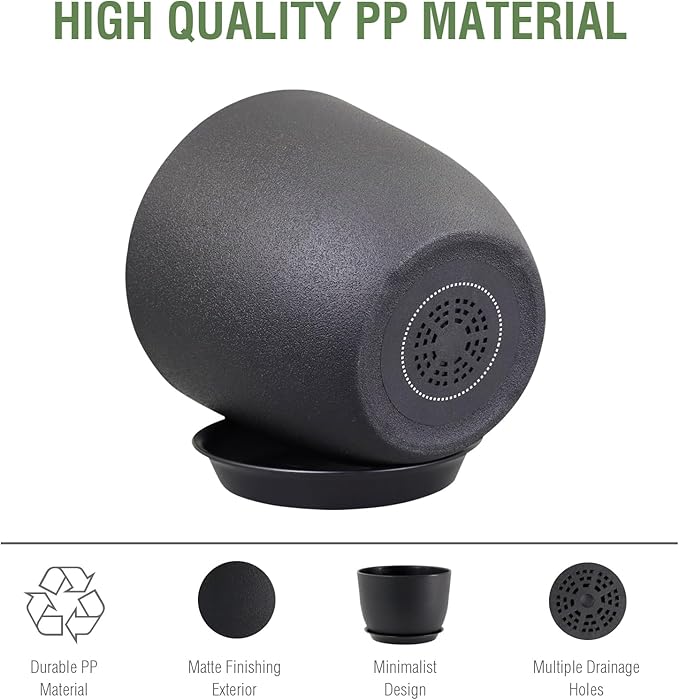 12 inch Large Plant Pots, Plastic Planters with Drainage Holes and Saucers, Flower Pots for Indoor Outdoor Plants, Modern Decorative Pots for Garden House Plants, Black Meowell