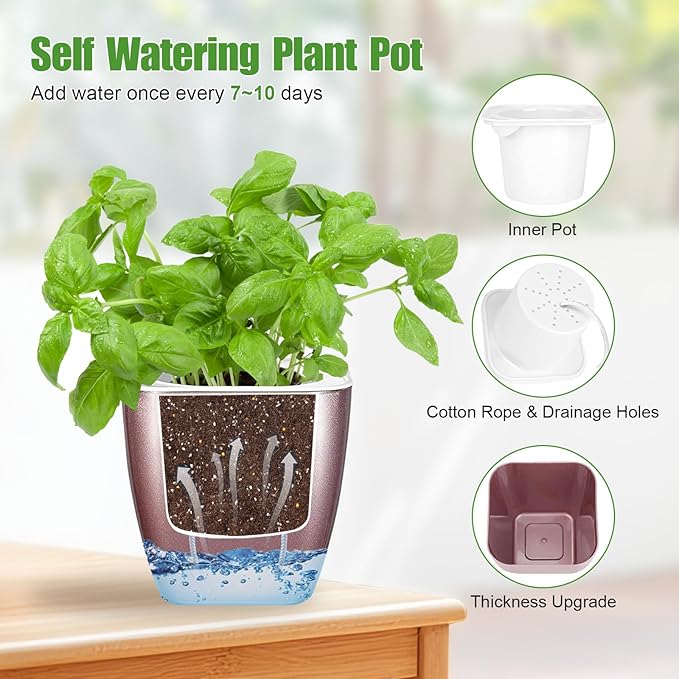 4 Pack Self Watering Pots 4-inch Decorative Flower Planters for Indoor Plants Modern Square planters for Small Plants Window Sill Planters for Succulents, African Violets, Herbs(Rose Gold) Oliz