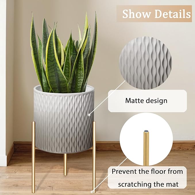 ARNIS Plants Pots with Stand,Set of 2 Flower Pots, Unique Mid Century Decorative Metal Flower Pots with Drainage,10.5&12.25 Inch, Grey and White ARNIS