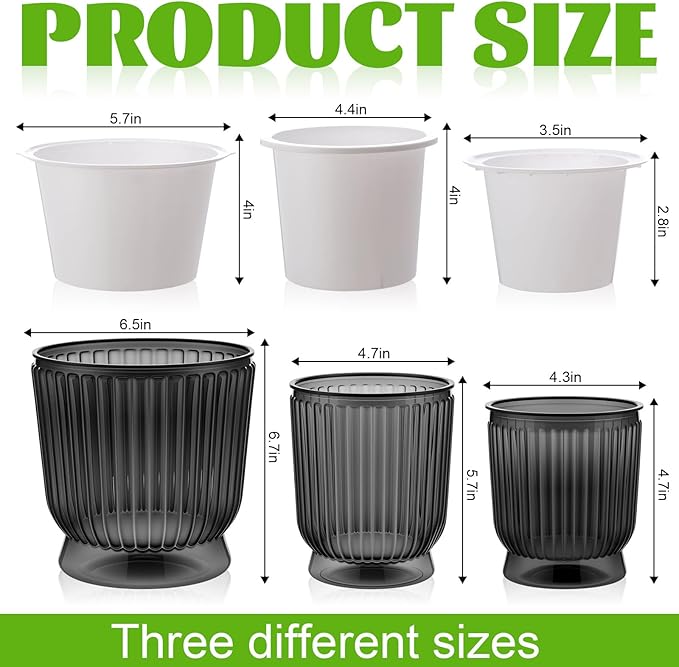 Set of 6 Self Watering Plant Pot 3 Sizes Plastic Double Layer Self Watering Flower Pot with Multi Mesh Drainage Holes Wicking Reservoir for Indoor Outdoor Garden Plants(Black) Rootora