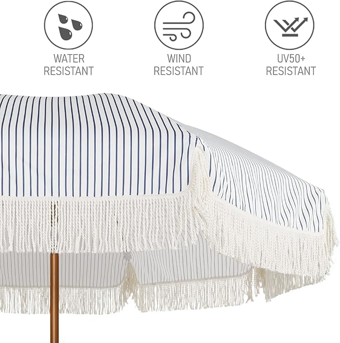 AMMSUN 7ft Patio Umbrella with Fringe Outdoor Tassel Umbrella UPF50+ Premium Steel Pole and Ribs Push Button Tilt, Navy Blue Stripes AMMSUN