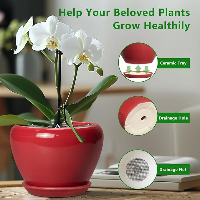10 Inch Plant Pot - Ceramic Planter for Indoor Outdoor Plants, Glaze Modern Round Planter with Drainage Hole and Saucer, Gifts for Plant Lovers, Home Room Garden Decor, Red Ceramicfor