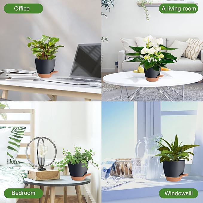 Plant Pots Pack of 5, 7/6.5/6/5.5/5 Inch Self Watering Planters with Drainage Hole Planter for Indoor Plants, Planting Pots for African Violet, Ochid and House Plants (Black) Vanslogreen