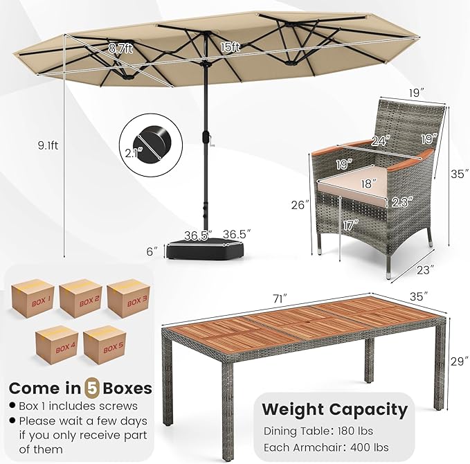 Tangkula 10 Pieces Patio Wicker Dining Set w/Double-Sided Patio Umbrella, Outdoor Acacia Wood Furniture Set w/ 8 Armchairs, 71” Dining Table & 15 ft Umbrella with Weighted Base (Beige) TANGKULA
