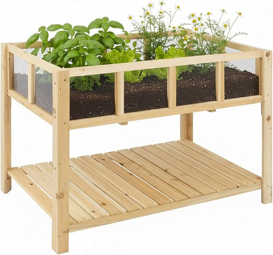 Raised Garden Bed with Transparent Acrylic Panels, Elevated Wooden Raised Garden Bed Planter, Fir Wood Outdoor Planter Box for Herbs, Flowers & Patio Balcony Gardening (Natural) Ketive