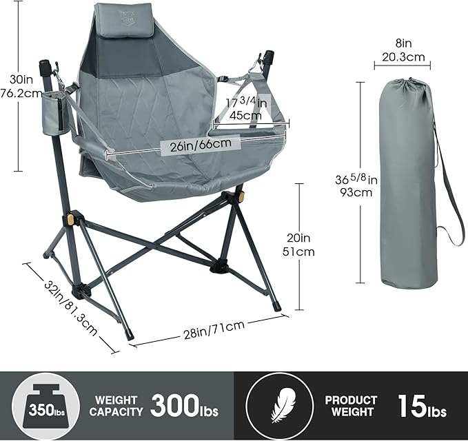 TIMBER RIDGE Hammock Camping Chair with Adjustable Backrest, Heavy Duty Folding Hammock Chair Supports 300lbs, Portable Hammock Chair for Camping, Travelling and Patio, Grey 2 Pack TIMBERRIDGE