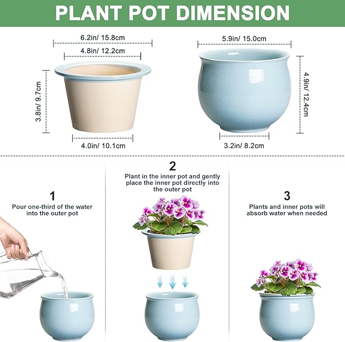 Ceramic African Violet Pots for Indoor Plants, 6 Inch Self Watering Planters with Absorbent Inner Pot, Self Watering Plant Pot, Ceramic Flower Pots, Desk Decor, Housewarming Gifts, Light Blue Teagas