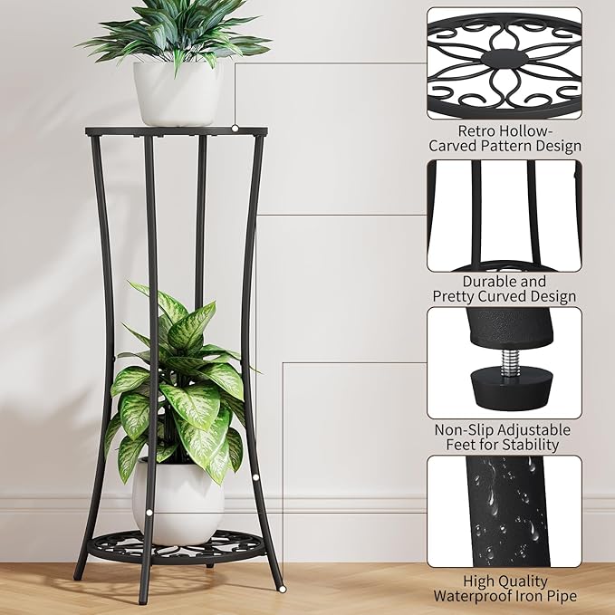 YINMIT Plant Stand Indoor Outdoor, 2 Tier Metal Potted Holder Rack, Flower Pot Stand Shelf, Heavy Duty Round Supports Rack, Corner Plant Shelf for Balcony Garden Patio Living Room (Black-Iron) YINMIT
