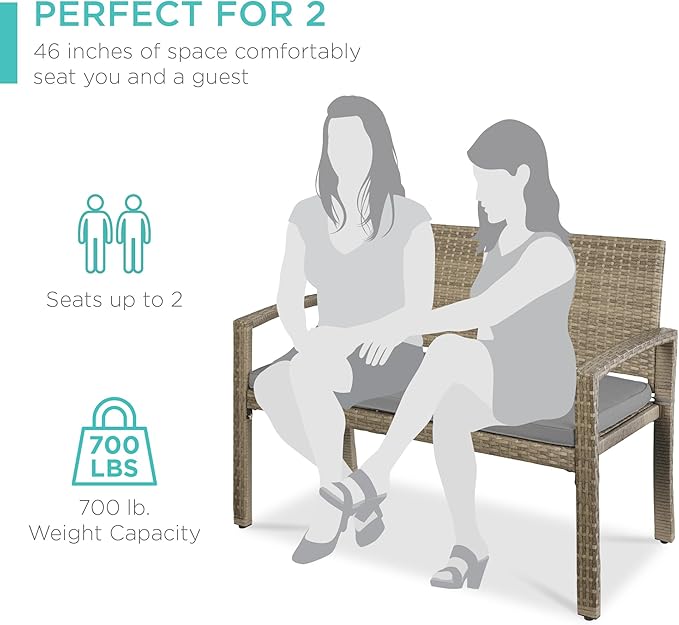 Best Choice Products Outdoor Bench 2-Person Wicker Garden Patio Benches Seating Furniture for Backyard, Porch w/Seat Cushion, 700lb Capacity - Cement Gray/Taupe BestChoiceProducts