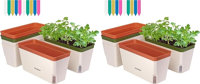 VIVOSUN Self-Watering Planters, 8-Pack 10.5 Inch Compact Rectangular Window Herb Planter Box with 10 PCS Plant Labels, Plant Container for Basil, Flowers, Succulents, Indoor & Outdoor VIVOSUN