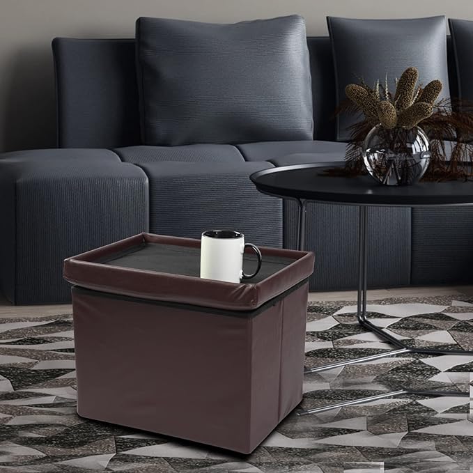 ALASDO Brown Leather Storage Ottoman Footrest Stool, 17x13x13inches, Modern Style ALASDO