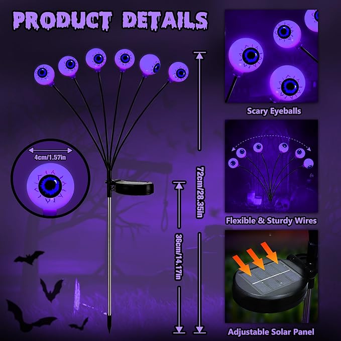 BrizLabs Halloween Eyeball Lights, 2 Pack 12 LED Solar Halloween Lights, 2 Modes Outdoor Spooky Walkway Light, Purple Swinging Firefly Light, Outside Purple Pathway Lighting for Yard Garden Lawn Party BrizLabs