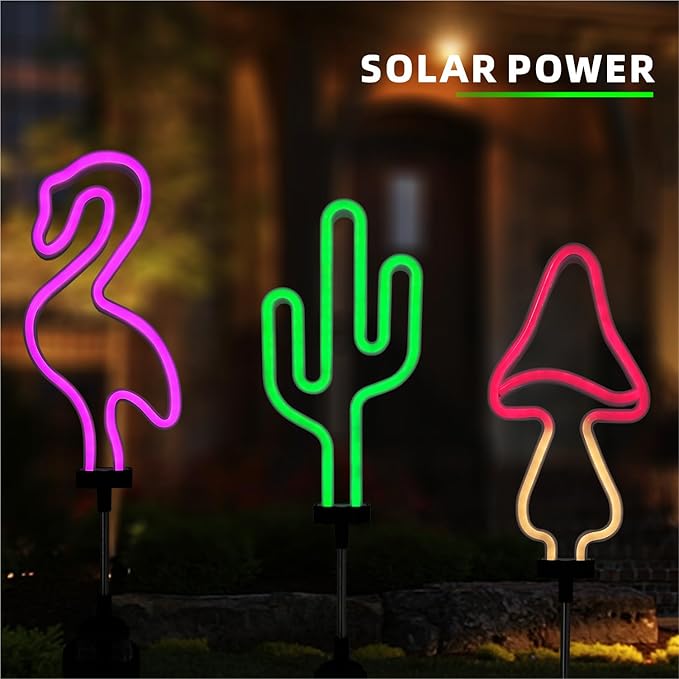 Flamingo Cactus and Mushroom Solar Garden Stake Lights Outdoor Waterproof Neon Lights Decoration,Outdoor Solar Pink Flamingos Lights for Outside,Yard,Pathways,Patio, Lawn or Landscaping Decor(3pcs) Rootora