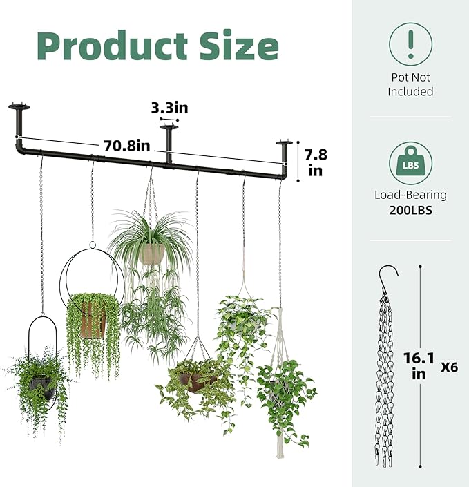 Plant Hanger Indoor with 6 Hanging Chains Hanging Planters for Indoor Plants Hanging Plant Holder Window Plants Rod Black Metal Shelves(70.8 Inch Pot not Included Galood